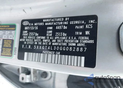 2016 Kia Optima Lx z USA, uszkodzony, nr VIN 5XXGT4L30GG082887